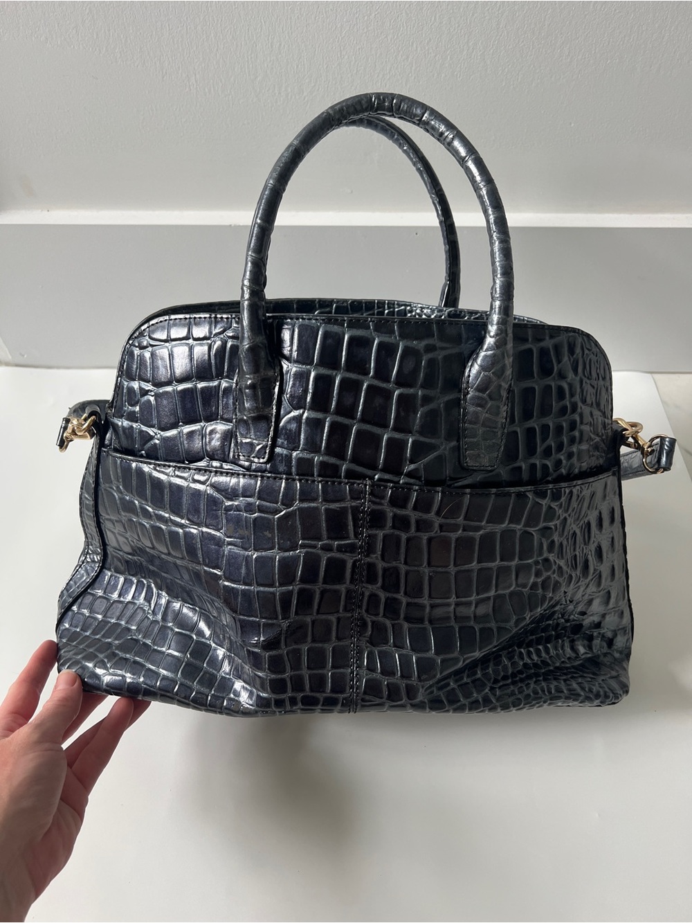 ANTONIO MELANI unique blue /Black Croc-Embossed Satchel with Detachable Strap - Picture 5 of 11